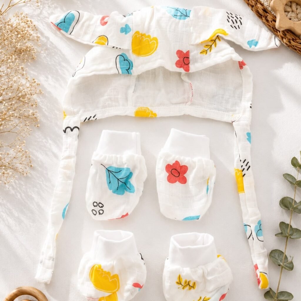 Printed Muslin Cap, Mittens & Booties Set