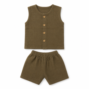Earthy Olive Crinkled Muslin Wooden Button Set 🌿