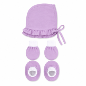 💜 Lavender Haze Cotton Cap, Mittens & Booties Set