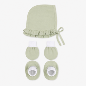 🌿 Sage Meadow Cotton Cap, Mittens & Booties Set
