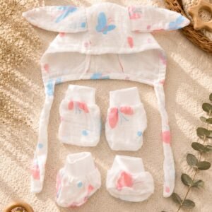 Printed Muslin Cap, Mittens & Booties Set