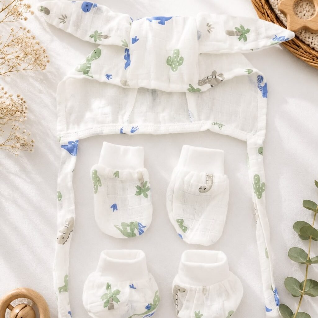 Printed Muslin Cap, Mittens & Booties Set